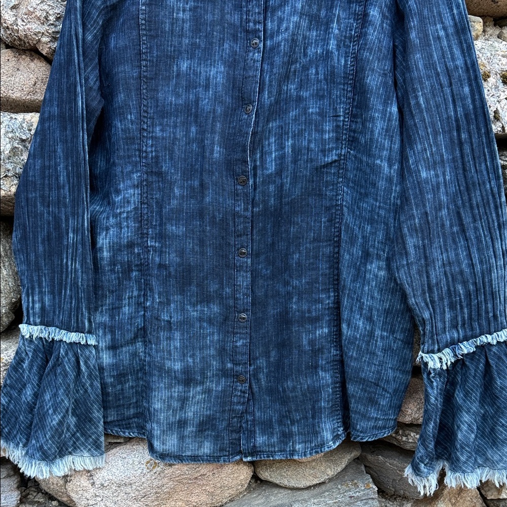 Ryan Michael Indigo Washed Cotton Flounce Sleeve Shirt w/ Buffalo Buttons XXL - Picture 7 of 14